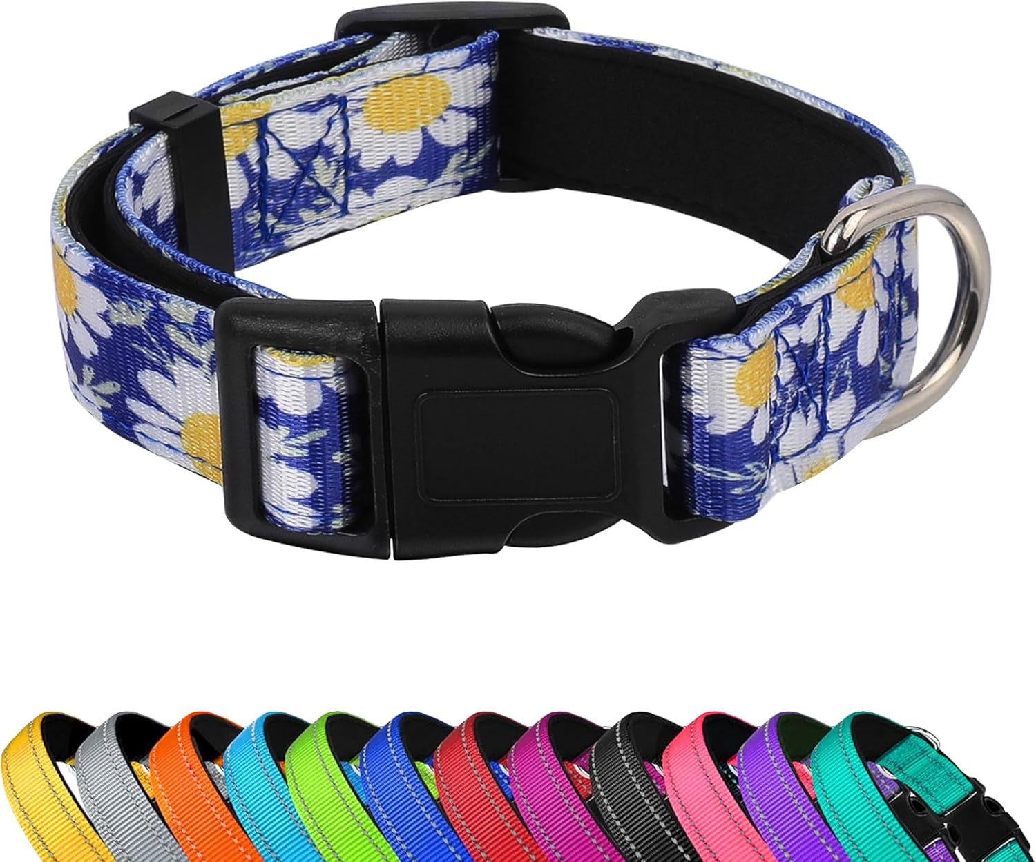 reflective-dog-collar-adjustable-soft-neoprene-padded-teal-m-breathable-nylon-for-medium-dogs-tear-resistant-webbing-chafe-free-on-walks-and-hikes-metal-d-ring-night-safety