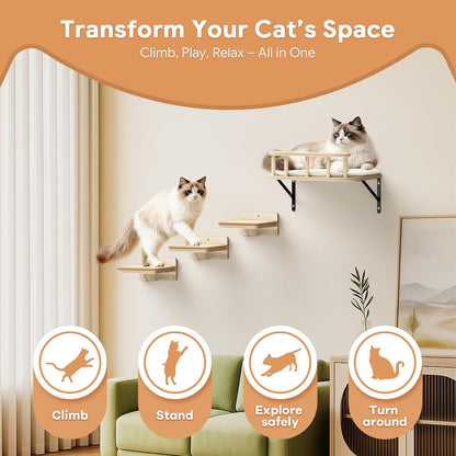 17" × 13" Large Cat Wall Shelves- Wall Climber Wooden Furniture Cat Shelf with Cushion and 3 Wide Perch Steps for Large Cats and Kittens Sleeping, Playing, Climbing3