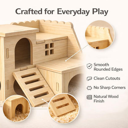 Tiny Hamster Maze Wood House Fun Slide House Double-Decker Hut for Dwarf Gerbil Mouse Mice Rat Small Animals(Only for Small Hamster)4