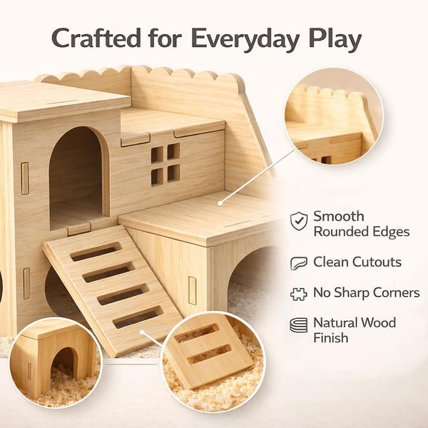 Tiny Hamster Maze Wood House Fun Slide House Double-Decker Hut for Dwarf Gerbil Mouse Mice Rat Small Animals(Only for Small Hamster)4