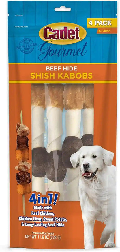 Cadet Gourmet Shish Kabob Dog Chews for Large Breeds, Rawhide Treats for Dogs with Chicken and Sweet Potato, Healthy & Natural Beef Hide, 10-Inch Sticks, 4 Count (Pack of 1)7