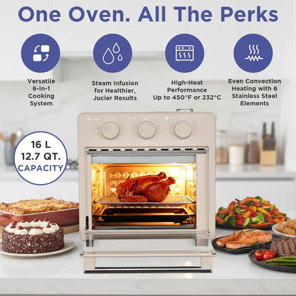 Home, 16.5 Qt Air Fryer Oven, with Steam Infusion, Cream, Convection Countertop Oven, 6 Cooking Functions, 200–450°F Temperature Control, Interior Light, Fry Basket & Baking Tray Included2