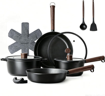 Non Stick Pots and Pans Set 14 Pcs, Non Toxic Healthy Cookware Set | Induction Compatible Kitchen Cooking Set with Silicone Utensils, PFOA/PFOS Free, Dishwasher Safe, Black1