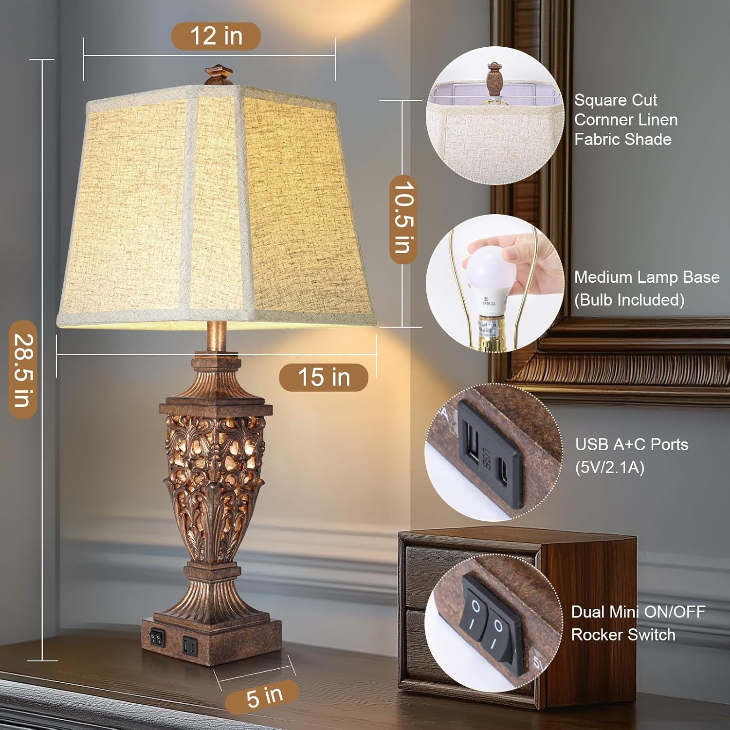 vintage-resin-table-lamps-with-night-light-for-bedroom-living-room-28-5-tall-night-light-farmhouse-table-lamps-set-of-2-with-usb-a-c-charging-ports-linen-shade-bulb-included-bedside-lamp