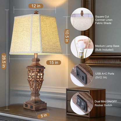 Vintage Resin Table Lamps with Night Light for Bedroom Living Room | 28.5" Tall, Night Light, Farmhouse Table Lamps Set of 2 with USB A+C Charging Ports, Linen Shade, Bulb Included, Bedside Lamp2