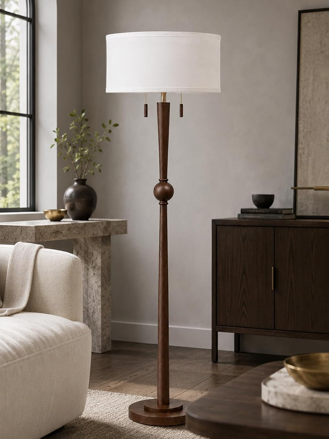 solid-wood-floor-lamp-for-living-room-pull-chains-standing-lamp-62-8-tall-17-white-drum-shade-sculptural-wood-base-stem-2-light-design-standing-lamp-for-bedroom-2-bulbs-included