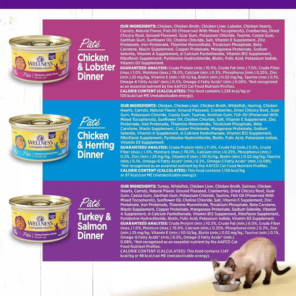 Wellness Complete Health Pate Variety Pack Adult Canned Wet Cat Food, Natural, Protein Rich, Grain Free, Seafood Favorites, 3 Oz, Pack of 24 Cans8