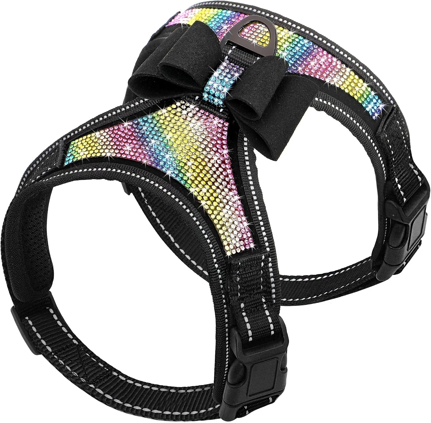 beirui-rhinestone-dog-harness-with-sparkly-bow-tie-black-s-chest-11-14-reflective-bling-nylon-soft-fleece-padded-for-small-large-dogs-walking-party-wedding