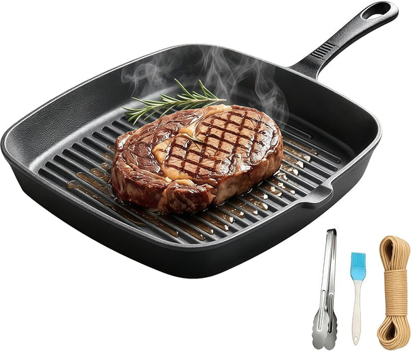 Cast Iron Grill Pan 9.5" Square Griddle Skillet with Pour Spout Oven Safe1