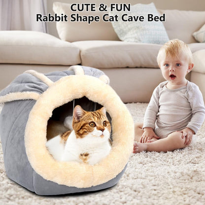 Cat Beds for Indoor Cats-Rabbit-Shaped Cat Cave Bed with Hanging Toy,Grey M | Super Soft Calming Cat Tent House for Kitten&Puppy,Warm Plush&Machine Washable&Removable Cushioned Pad,Cute Cat Hideaway2