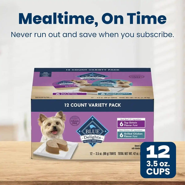 Blue Buffalo Delights Variety Pack Natural Grain Free Wet Dog Food for Small Breed Dogs (Top Sirloin Flavor Paté and Grilled Chicken Flavor Paté) with Natural Ingredients, 3.5-Oz. Each (12 Cups)10