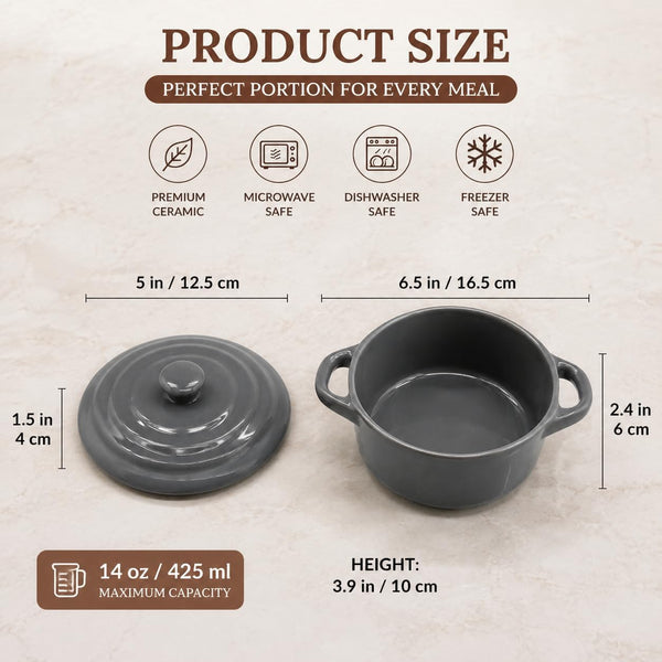 Mini Dutch Oven Set of 4, 14 Oz Ceramic Mini Dutch Ovens with Lids and Handles, Ramekins with Lids for French Onion Soup, Pot Pies, Soufflés and Baked Desserts, Oven Microwave Dishwasher Safe, Mini Cocotte, Grey3
