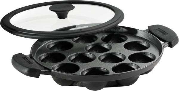 Utsava Pre-Seasoned Cast Iron 12-Hole Appam Pan | Appe Pan with Lid, Great for Paniyaram, Takoyaki and More1