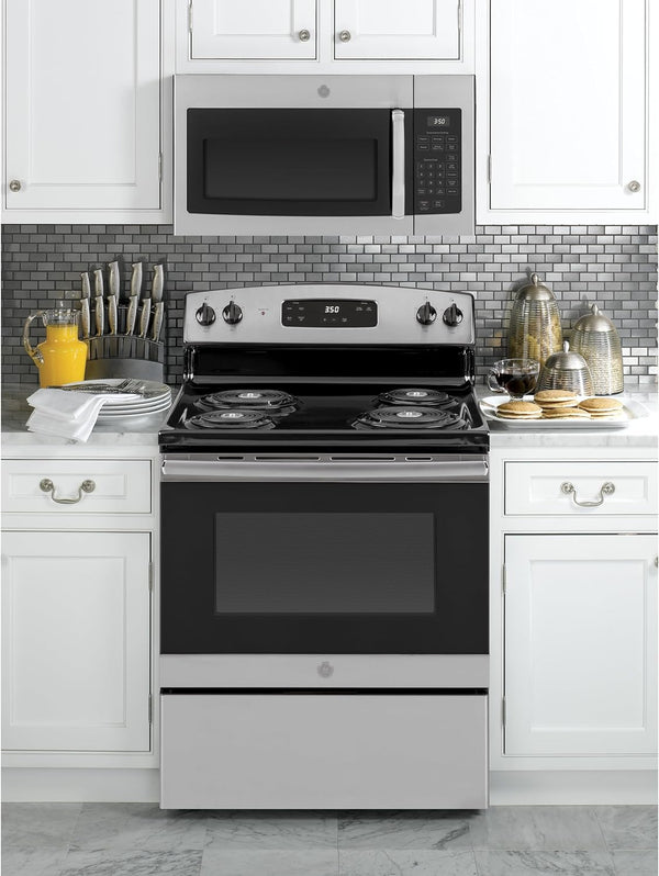 GE 30" Over-The-Range Microwave, 1.6 Cu. Ft., 1000 Watts, 300 CFM Hood Vent, LED Lighting, Auto Defrost, Easy Mount Install, Stainless Steel, JVM3160RFSS2