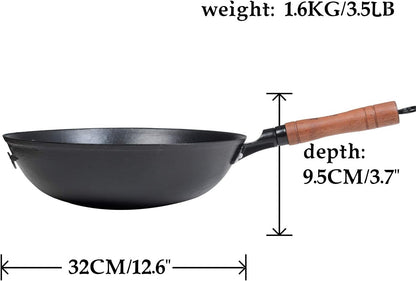 Zhensanhuan Cast Iron Woks and Stir Fry Pans, No Coating, Induction Suitable, Flat Bottom (32Cm/12.6In)5