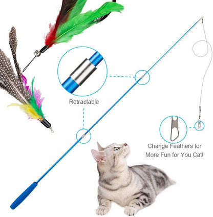 JIARON Cat Toys Interactive Feather Toy, 2PCS Retractable Wand and 10PCS Replacement Teaser with Bell Refills, Interactive Catcher and Funny Exercise for Kitten.3