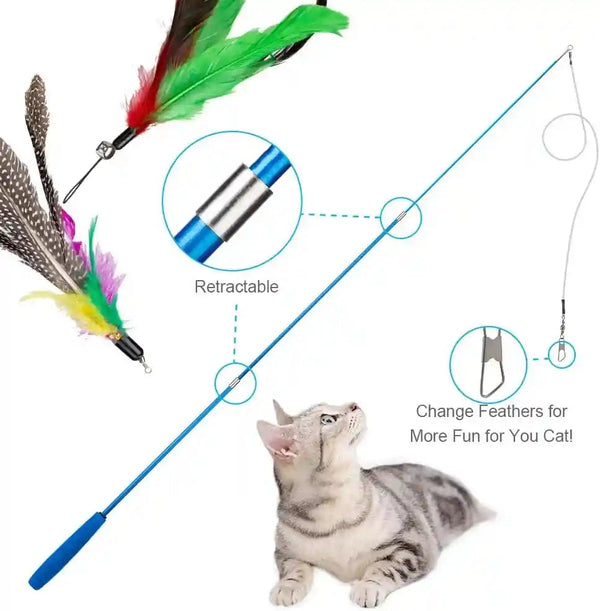 JIARON Cat Toys Interactive Feather Toy, 2PCS Retractable Wand and 10PCS Replacement Teaser with Bell Refills, Interactive Catcher and Funny Exercise for Kitten.3