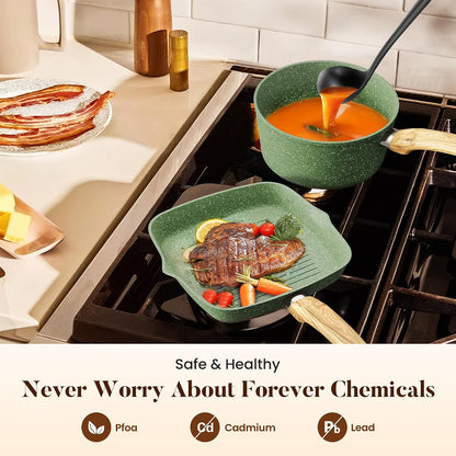 17Pcs Green Induction Cookware Set, Nonstick Pots and Pans | Sage Green Granite Coating, Healthy Non Toxic Kitchen Cooking Pans and Pots Set Non Stick3