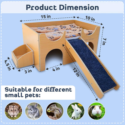 Guinea Pig Wooden Hideout with Built-In Feeder, Screw-Assembled Natural Wood Castle with Absorbent Fleece Mat, Ramp & Accessories, Cozy Safe Hideaway for Small Pets to Rest, Play & Explore7