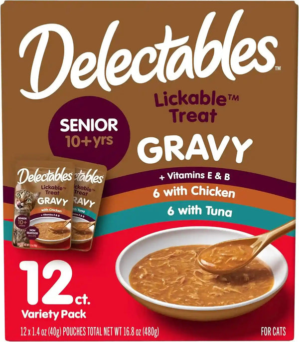 Delectables Lickable Treat Gravy Variety Wet Cat Treat & Food Topper, Food Topper, Hydrating, Grain-Free, No Fillers, No By-Products, No Added Preservatives, 1.4Oz Pouch, 30 Pack12