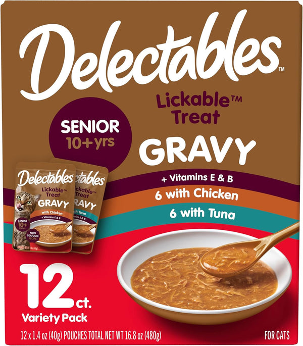 Delectables Lickable Treat Gravy Wet Cat Treat Variety Pack, Food Topper, Hydrating, Grain-Free, No Fillers, By-Products, Added Preservatives, 1.4Oz Pouch, 12Ct11