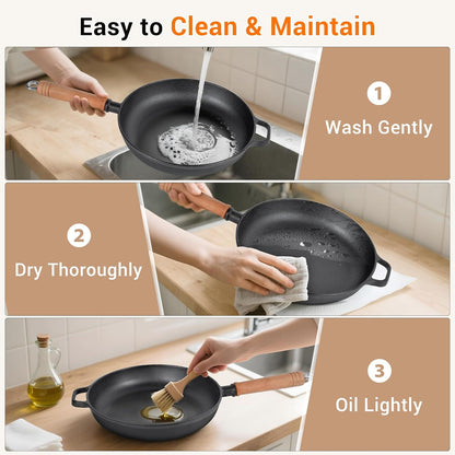 12" Cast Iron Skillets with Removable Wooden Handle, Pre-Seasoned Frying Pan for Stove, Oven, Grill & Campfire Cooking (1, 12")6