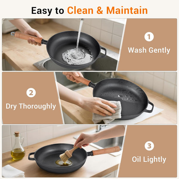 12" Cast Iron Skillets with Removable Wooden Handle, Pre-Seasoned Frying Pan for Stove, Oven, Grill & Campfire Cooking (1, 12")6