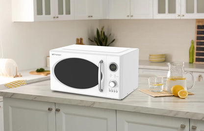 MWRG0901W 0.9 Cu. Ft. Retro Microwave with 1,000W Grill Function, 800W Cooking Power, LED Display, 5 Power Levels, 8 Auto Menus, Glass Turntable, Child Lock, White Countertop Design8