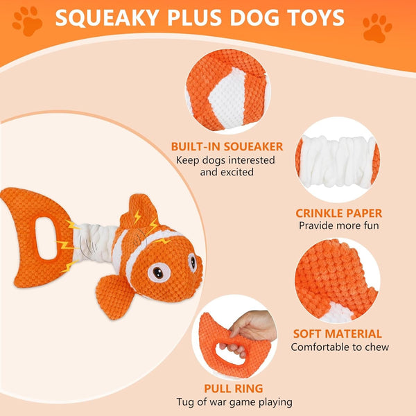 Squeaky Clownfish Dog Toy, Plush Crinkle Tug Toy with Handle | Pineapple Cotton Plush with Squeaker, Crinkle Paper, Stretchable Body, and Tug Handle for Interactive Indoor or Outdoor Play3