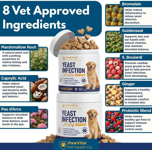 Natural Yeast Infection Treatment for Dogs, 150 Chews – anti Yeast Support for Itchy Skin & Ears – Helps Reduce Irritation & Paw Licking – Probiotic + Herbal Blend – Bacon Flavored Soft Chews3