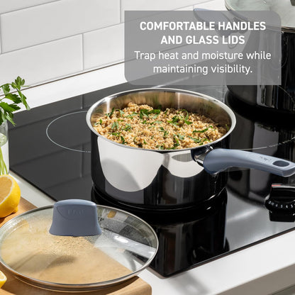 Essentials Stainless Steel Cookware Set 12 Piece, Induction Compatible, Oven Safe 350F, Cooking Set W/Stewpots, Stockpot, Saucepan, Lids & Tools, Measuring Marks, Dishwasher Safe, Silver/Blue7