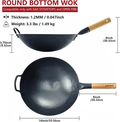 14 Inch Carbon Steel Wok with round Bottom-Free Chemical Cookware for Gas Stoves, Open Fire-Hand Hammered Chinese Traditional Wok with Bamboo Handle(No Lid Included)2