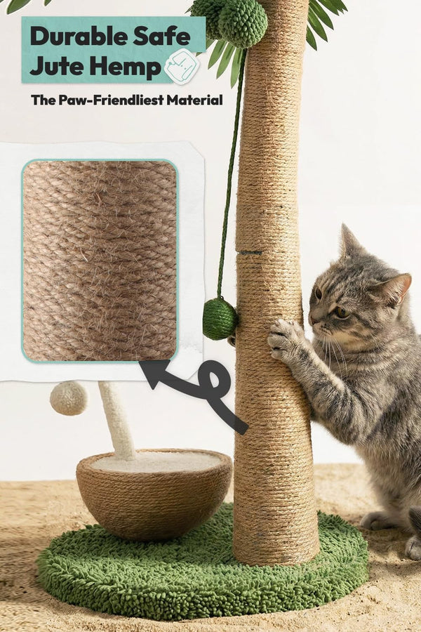 33" Tall Cat Scratching Post, Natural Jute Cat Scratcher for Indoor Cats,Coconut Tree & Straw Design with Hanging Toy Ball & Rest Platform,Stable Furniture Protector for Kittens & Adult Cats,M2