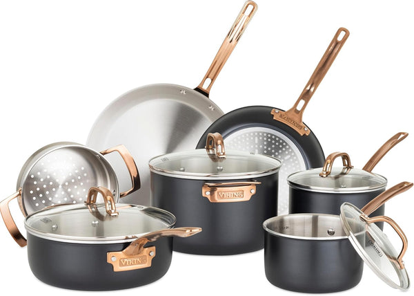 Viking 3 Ply Pots and Pans Set, 11 Piece Stainless Steel Kitchen Cookware with Glass Lids, Black with Copper1