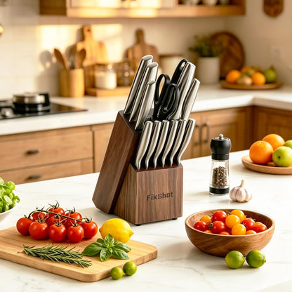 14 Pieces Knife Block Set German Stainless Steel with Sharpener | Razor-Sharp Santoku Knives, Fruit & Kitchen Knives, Rust Resistant for Homecooks, BBQ Prep (Silver + Walnut)2