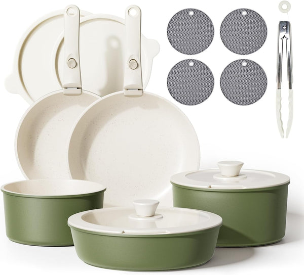 Detachable Nonstick Cookware Set - Stackable Induction Pots and Pans with Removable Handles, Dishwasher Safe - for RV Camping, Oven and Stovetop Use, 5 Pieces (Green)1