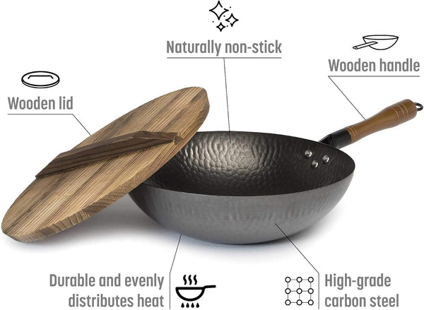 Hammered Carbon Steel 13-Inch Wok Pan with Lid, Black, Non-Stick, Compatible with Most Cooktops2
