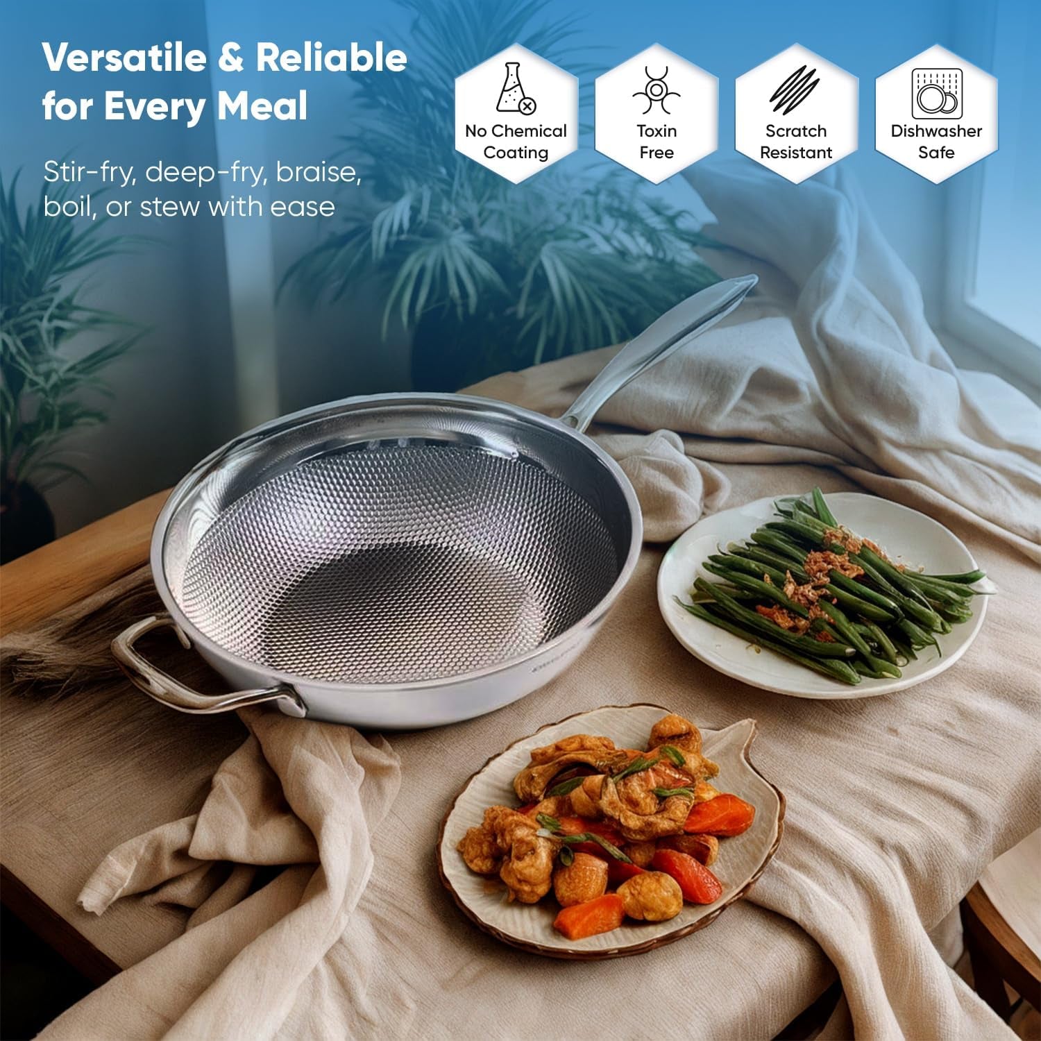 honeycomb-3ply-stainless-steel-wok-pan-11-inch-28cm-with-lid-flat-bottom-coating-free-non-stick-stir-fry-pan-advanced-scratch-resistant-design-with-stay-cool-long-handle