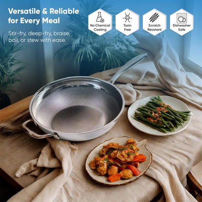 Honeycomb 3Ply Stainless Steel Wok Pan 11 Inch/28Cm with Lid Flat Bottom - Coating-Free Non-Stick Stir Fry Pan - Advanced, Scratch-Resistant Design with Stay-Cool Long Handle5
