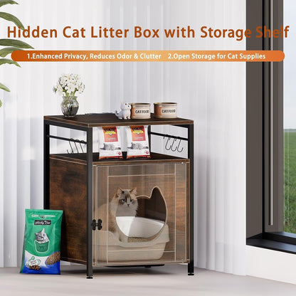 Large Cat Bed Nightstand with Charging Station, Cat Litter Box Furniture, End Side Table with Cat House7