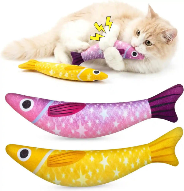 Cat Toys for Indoor Cats, Fish-Shaped Pillow, 2 Pack Yellow + Purple | 5000Mg A+Natural Catnip & Bell, Interactive Soft Chew Kicker, for Indoor Cats & Kittens, Crinkle & Bell Fish Sound Toy1