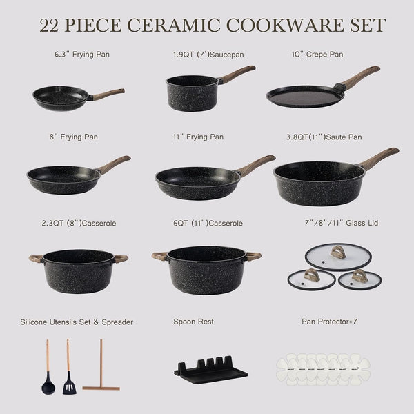 22Pcs Nonstick Pots and Pans Set, Ceramic Cookware Set Non Toxic | Pfas-Free Healthy, Induction Compatible, Dishwasher & Oven Safe, Space Saving, RV Camping Kitchen Cooking Set, Black6