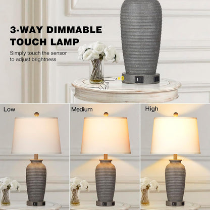 25" Farmhouse Jar Table Lamps Set of 2, 3 Way Touch Control Rustic Bedside Lamps with USB A+C Ports & AC Outlet, Pot Nightstand Lamps for Bedroom Living Room (LED Bulbs Included)3