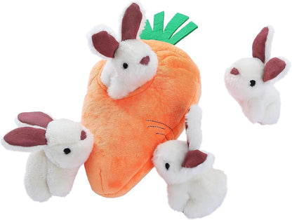 Amazon Basics Interactive Hide and Seek Squeaky Dog Plush Toy with Squeaker for Small Dogs, Rabbit and Carrot, Orange and White, 5-Pack1