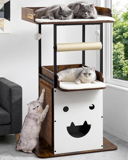 Modern Wood Cat Tree Tower for Indoor Large Adult Cats with Big Perch Bed | 33.8In Tall Wooden Cat Trees with Platform, Cat Scratching Pads, Washable Cushions, Cat Furniture for Window, Rustic Brown14