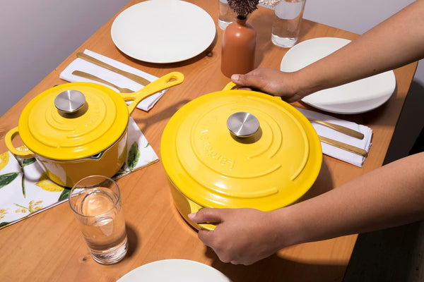 4-Piece Enameled Cast Iron Set, Oven Safe and Suitable for All Cooktops – Includes 5.7 Quart Dutch Oven Pot with Lid and 2.2 Quart Saucepan with Lid (Limoncello)2