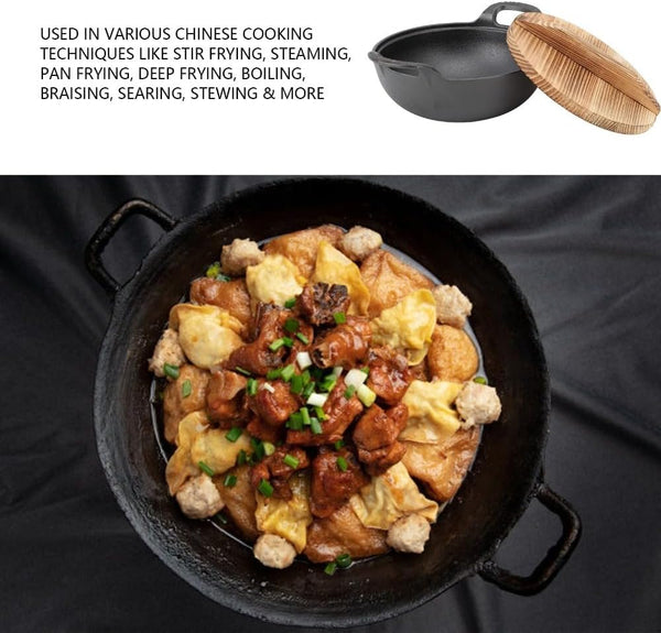 9.84 Inch Cast Iron Wok with Wooden Lid – Large-Capacity Heavy Duty Flat Base Stir Fry Pan with Dual Handles for Gas, Induction, Electric Ceramic Stoves, Even Heat(25Cm)3