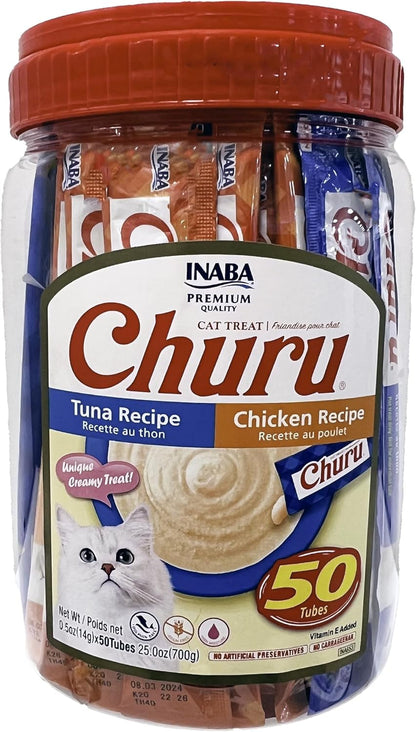 INABA Churu Lickable Grain-Free Purée Cat Treats, 25 Tuna & 25 Chicken | Grain-Free, Lickable, Squeezable Creamy Purée, Treat/Topper1