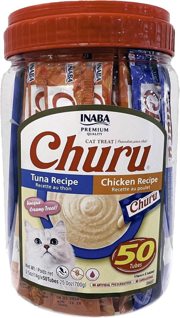 INABA Churu Lickable Grain-Free Purée Cat Treats, 25 Tuna & 25 Chicken | Grain-Free, Lickable, Squeezable Creamy Purée, Treat/Topper1
