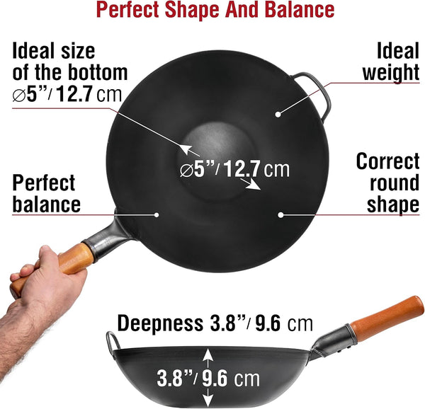 Carbon Steel Wok Pan 13,5“ + Blue Carbon Steel 17-Inch Wok Spatula, Ladle, 3 Pairs of Chopsticks - Set of 2 Heat-Resistant Wok Tools + Premium Wok Cover 13,5 Inch Pan Lid2